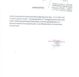 Zawiadomienie o przerwie w dostawie wody